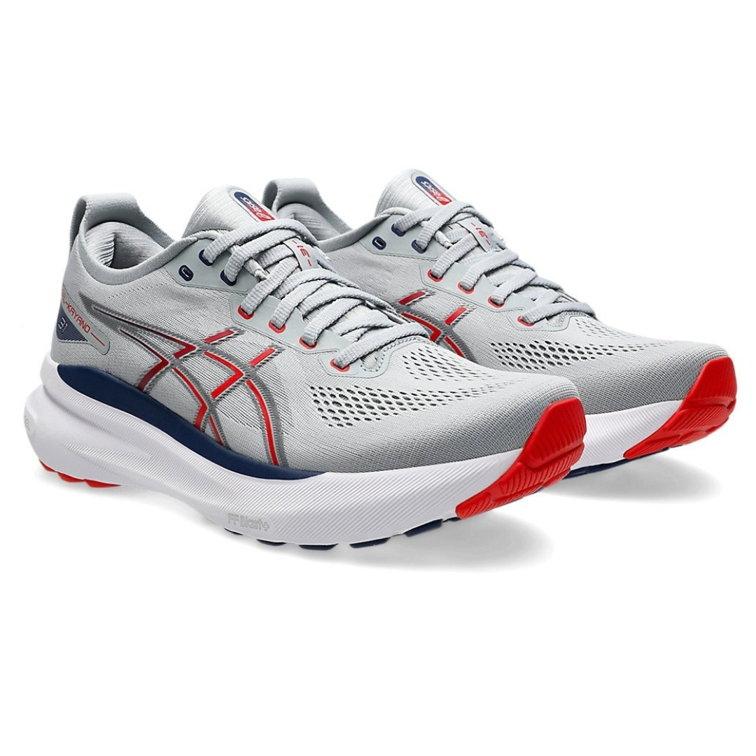 Gel-Kayano 31 Cinza com Vermelho e Azul Marinho