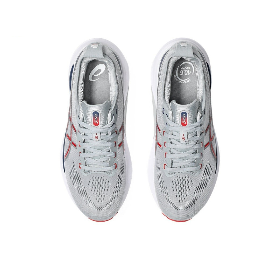Gel-Kayano 31 Cinza com Vermelho e Azul Marinho