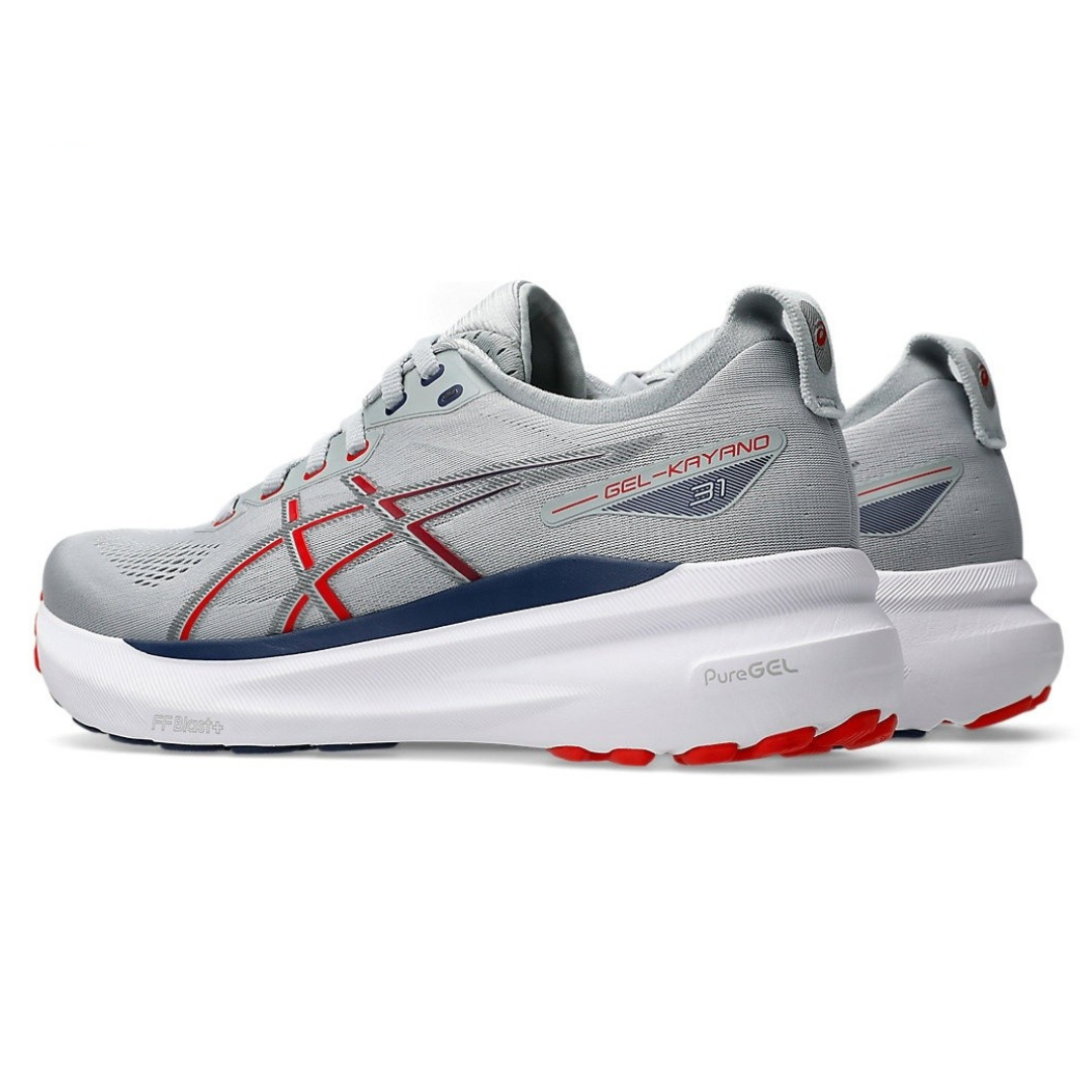 Gel-Kayano 31 Cinza com Vermelho e Azul Marinho