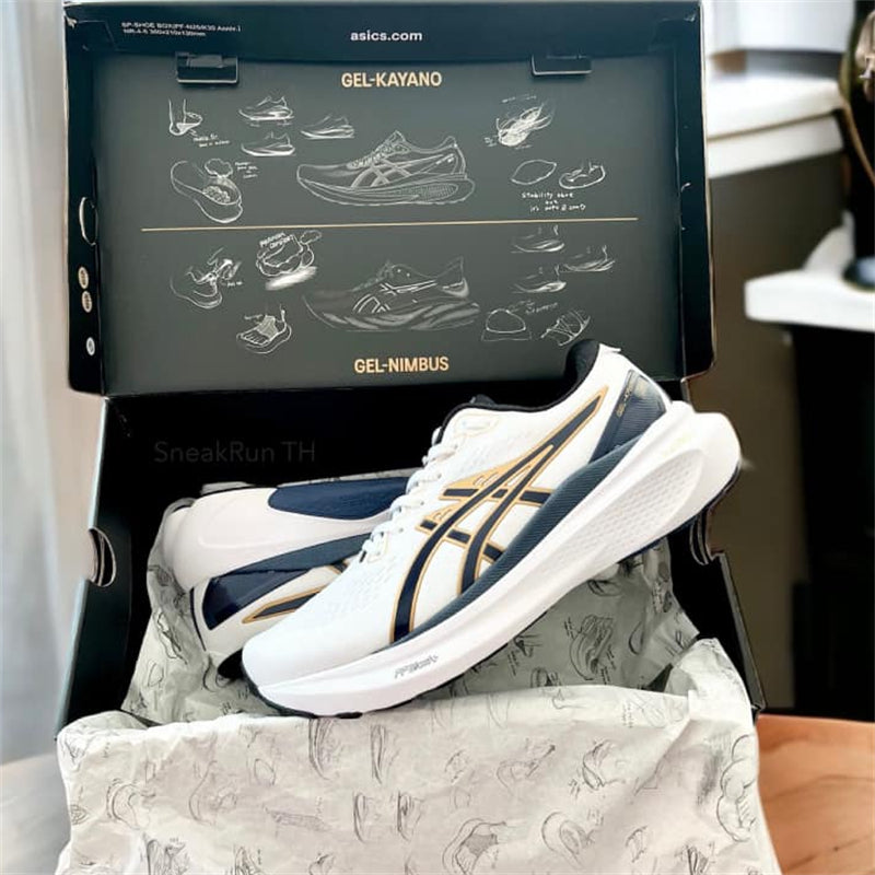 Gel-Kayano 30 - Branco com Azul Marinho e Dourado