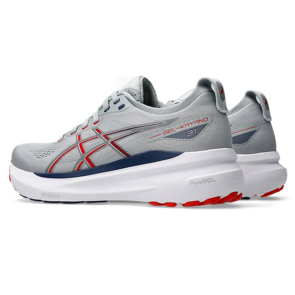 Gel-Kayano 31 Cinza com Vermelho e Azul Marinho