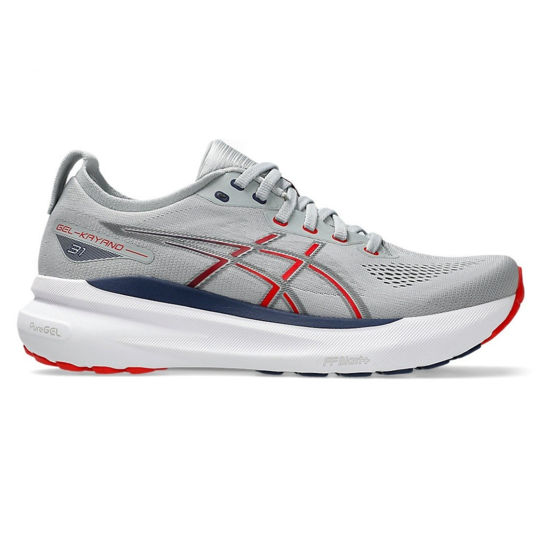 Gel-Kayano 31 Cinza com Vermelho e Azul Marinho
